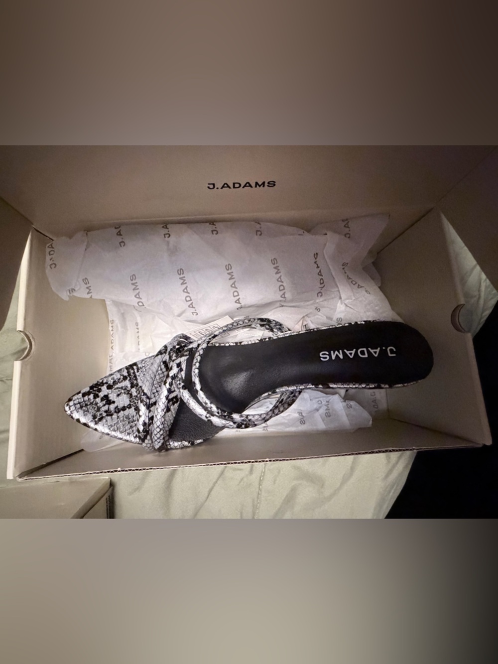J. Adams Women's Black & White Snake-Print Pointed Toe Mule Heel
